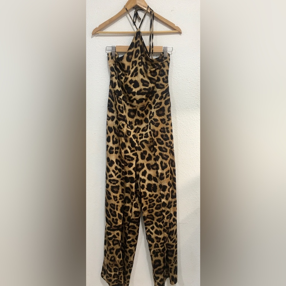 Silky Halter Neck Jumpsuit - Cheetah Print, fabric flare on leg, adjustable neck